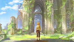 Rule 34 | 1boy, back, blue sky, brown footwear, cloud, cloudy sky, from behind, grass, highres, la-sera, link, low ponytail, male focus, nintendo, pointy ears, ponytail, ruins, scenery, short ponytail, sky, solo, stick, strap, the legend of zelda, the legend of zelda: breath of the wild