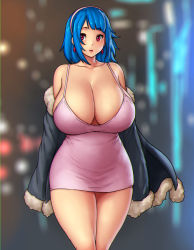 Rule 34 | 1girl, bare shoulders, blue coat, blue hair, blurry, blurry background, breasts, city, city lights, cleavage, coat, collarbone, commentary, cowboy shot, curvy, dress, earrings, english commentary, erkaz, facing viewer, fur collar, fur trim, hairband, halter dress, halterneck, highres, huge breasts, jewelry, looking to the side, medium hair, microdress, minidress, night, no bra, open mouth, original, outdoors, pink dress, pink hairband, red eyes, revealing clothes, rina atherina, road, short dress, sleeveless, sleeveless dress, solo, standing, street, thighs, veins, veiny breasts
