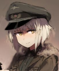 Rule 34 | 1girl, bad id, bad twitter id, brown eyes, fur trim, gradient background, hat, huberta von bonin, light smile, looking away, lowres, military, military uniform, ohashi (hashidate), peaked cap, short hair, silver hair, solo, strike witches, uniform, upper body, world witches series