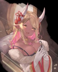 Rule 34 | 1girl, :d, absurdres, bare shoulders, betabeet, blonde hair, blush, breasts, cleavage, collarbone, dark-skinned female, dark skin, draph, earrings, fur trim, gloves, granblue fantasy, highres, horn ornament, horn ribbon, horns, jewelry, kumbhira (granblue fantasy), large breasts, long hair, long sleeves, looking at viewer, open mouth, parted bangs, pointy ears, ribbon, smile, solo, strap slip, teeth, upper body, upper teeth only, wide sleeves, yellow eyes