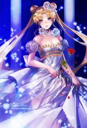 Rule 34 | 1girl, bare shoulders, bishoujo senshi sailor moon, blonde hair, breasts, cleavage, crescent, crescent facial mark, dress, facial mark, flower, forehead mark, hair bun, hair flower, hair ornament, ippus, jewelry, lips, long hair, necklace, pearl necklace, petals, princess serenity, purple eyes, red flower, red rose, resolution mismatch, rose, rose petals, sailor moon, signature, solo, source larger, tsukino usagi, very long hair, watermark, white flower, white rose