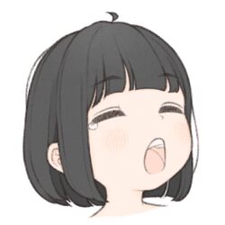 1girl 1ssakawaguchi ahoge blunt_bangs blush bob_cut brown_hair closed_eyes ichika_(1ssakawaguchi) open_mouth original short_hair simple_background solo teardrop teeth upper_teeth_only white_background yawning