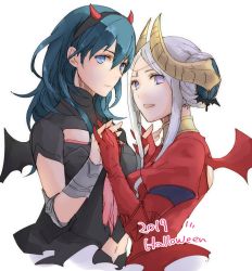 Rule 34 | 2girls, blonde hair, blue eyes, blue hair, byleth (female) (fire emblem), byleth (fire emblem), closed mouth, demon horns, edelgard von hresvelg, fake horns, fire emblem, fire emblem: three houses, from side, halloween costume, holding hands, horns, looking to the side, medium hair, multiple girls, nintendo, open mouth, purple eyes, robaco, simple background, upper body, white background