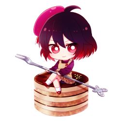 Rule 34 | 1girl, 6 (yuchae), antenna hair, beret, cake, chibi, closed mouth, crossed legs, food, fork, full body, hair between eyes, hat, holding, holding fork, honkai (series), honkai impact 3rd, long sleeves, looking at viewer, red eyes, red hair, red hat, seele (alter ego), seele vollerei, short hair, simple background, sitting, smile, solo, v-shaped eyebrows, white background