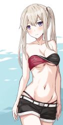Rule 34 | 1girl, alternate costume, arms at sides, bandeau, bare arms, bare legs, bare shoulders, belt, bikini, black bikini, black shorts, blue eyes, blush, breasts, buckle, cleavage, closed mouth, cloud, collarbone, embarrassed, female focus, graf zeppelin (kancolle), groin, hair between eyes, head tilt, highleg, highleg bikini, highres, kantai collection, legs, long hair, medium breasts, multicolored bikini, multicolored clothes, multicolored swimsuit, navel, neck, outdoors, red bikini, short shorts, shorts, shy, sidelocks, silver hair, sky, solo, stomach, strapless, strapless bikini, swimsuit, takanashi kei (hitsujikan), thighs, twintails, two-tone bikini, two-tone swimsuit, underboob