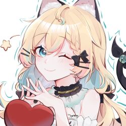 Rule 34 | 1girl, ;), ahoge, akio (preawsuttida), animal ears, blonde hair, blue eyes, blue nails, cat ears, cat girl, cat tail, commentary, hair ornament, hairclip, heart, highres, low twintails, millie parfait, millie parfait (2nd costume), multicolored hair, nijisanji, nijisanji en, one eye closed, smile, solo, streaked hair, symbol-only commentary, tail, twintails, virtual youtuber