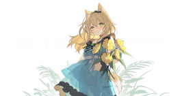 Rule 34 | 1girl, animal ear fluff, animal ears, arknights, bahao diqiu, black choker, black hairband, blonde hair, blush, bouquet, choker, dog ears, dog tail, dress, flower, frilled dress, frills, green dress, green eyes, hair between eyes, hairband, head tilt, highres, holding, holding bouquet, long hair, looking at viewer, official alternate costume, plant, podenco (arknights), podenco (wake up from a nap) (arknights), simple background, smile, solo, symbol-only commentary, tail, upper body, white background, yellow flower