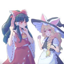 Rule 34 | 2girls, animal ears, apron, ascot, black hair, black skirt, black vest, blonde hair, blush, bow, braid, clenched hands, closed mouth, commentary, detached sleeves, eye contact, frilled bow, frilled hair tubes, frills, hair bow, hair tubes, hakurei reimu, hand on own chin, hat, hat with ears, karioda, kirisame marisa, long hair, looking at another, multiple girls, open mouth, paw print, paw print pattern, rabbit ears, red bow, red eyes, red skirt, ribbon-trimmed sleeves, ribbon trim, short sleeves, side braid, simple background, single braid, skirt, skirt set, smile, talisman, touhou, vest, waist apron, white background, witch hat, yellow ascot