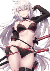 Rule 34 | 1girl, ahoge, bikini, black bikini, black choker, black gloves, black jacket, breasts, choker, commentary request, cowboy shot, cropped jacket, fate/grand order, fate (series), gloves, hand in own hair, highres, holding, holding own hair, jacket, jeanne d&#039;arc (fate), jeanne d&#039;arc alter (fate), jeanne d&#039;arc alter (swimsuit berserker) (fate), katana, long hair, looking at viewer, medium breasts, multiple swords, navel, o-ring, o-ring bikini, o-ring bottom, o-ring top, parted lips, red thighhighs, scabbard, sheath, shrug (clothing), single thighhigh, solo, swimsuit, sword, thigh strap, thighhighs, toujou masateru, very long hair, weapon, white background, white hair, yellow eyes