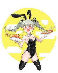 Rule 34 | 1girl, absurdres, alternate costume, anchovy (girls und panzer), animal ears, black bow, black bowtie, black leotard, black ribbon, black thighhighs, blush, bow, bowtie, breasts, brown eyes, collar, commentary, cowboy shot, cropped legs, detached collar, drill hair, egasumi, fake animal ears, fake tail, food, girls und panzer, green hair, hair ribbon, highres, hiyoko (bs8190), holding, holding plate, leotard, long hair, looking at viewer, medium breasts, open mouth, pasta, pizza, pizza slice, plate, playboy bunny, rabbit ears, rabbit tail, ribbon, smile, solo, spaghetti, standing, strapless, strapless leotard, tail, thighhighs, twin drills, twintails, white collar, wrist cuffs