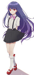 Rule 34 | 1girl, absurdres, arms behind back, black skirt, blunt bangs, bow, bowtie, closed mouth, collared shirt, commentary, full body, furude rika, highres, higurashi no naku koro ni, kneehighs, long hair, looking at viewer, mary janes, pleated skirt, purple bow, purple bowtie, purple hair, red eyes, red footwear, school uniform, seina1211, shirt, shirt tucked in, shoes, short sleeves, simple background, skirt, socks, solo, standing, suspender skirt, suspenders, very long hair, white background, white shirt, white socks