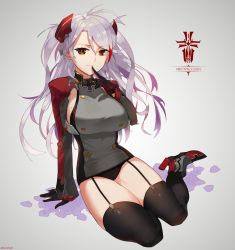 Rule 34 | 1girl, absurdres, azur lane, black panties, black thighhighs, breasts, character name, clothing cutout, cross, full body, garter straps, hair between eyes, highres, iron cross, mole, mole on breast, panties, prinz eugen (azur lane), sendo (sendrawz), side cutout, sitting, solo, thighhighs, two side up, underwear