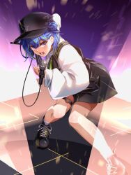 Rule 34 | 1girl, baseball cap, black footwear, black hat, black shorts, blue hair, blush, boots, commentary request, double bun, fanny pack, full body, green hair, hair between eyes, hair bun, hat, high-waist shorts, highres, holding, holding microphone, long sleeves, looking at viewer, medium bangs, microphone, mole, mole under eye, motion blur, multicolored hair, nanashi inc., official alternate costume, open mouth, pink eyes, purple background, short hair, shorts, socks, solo, squatting, stage, suzumi nemo, suzumi nemo (2nd costume), sweater, tomo tomotosix, two-tone hair, virtual youtuber, white socks, white sweater