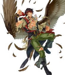 Rule 34 | 1boy, abs, alternate costume, bandages, belt, boots, bracelet, brown hair, dagger, drink, feathered wings, feathers, fire emblem, fire emblem: radiant dawn, fire emblem heroes, full body, headband, highres, injury, jewelry, kita senri, knife, male focus, necklace, nintendo, official art, pointy ears, scar, solo, teeth, tibarn (fire emblem), torn clothes, transparent background, weapon, wings, yellow eyes