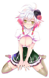 Rule 34 | 1girl, braid, breasts, breasts out, brown thighhighs, colored tips, dress, flower, full body, green dress, green skirt, hair flower, hair ornament, hat, multicolored hair, nipples, official alternate costume, ootani mikoto, pascal (tales), red flower, red hair, red rose, rose, short hair, sitting, skirt, smile, solo, tales of (series), tales of graces, thighhighs, top hat, two-tone hair, wariza, white background, white hair, yellow eyes