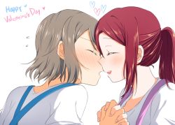 Rule 34 | 2girls, alternate hairstyle, blush, english text, face-to-face, flying sweatdrops, from side, holding hands, happy valentine, heart, imminent kiss, interlocked fingers, long hair, love live!, love live! sunshine!!, multiple girls, open mouth, ponytail, profile, red hair, sakurauchi riko, short hair, smile, upper body, watanabe you, white background, yuchi (salmon-1000), yuri