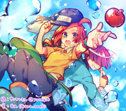 Rule 34 | 1boy, 1girl, ahoge, ana (rznuscrf), andou ringo, apple, black pants, blue eyes, blue footwear, blue hat, boots, bubble, collared shirt, fingernails, fish, flat cap, food, fruit, grin, hair ornament, hair over eyes, hairclip, hat, holding, holding clothes, holding hat, long hair, looking at viewer, low twintails, official alternate costume, open mouth, orange hair, orange shirt, outstretched arm, pants, purple hair, puyopuyo, red apple, ringlets, sasaki maguro, shirt, short sleeves, smile, teeth, twintails, twitter username, unworn hat, unworn headwear, upper teeth only, water, x x