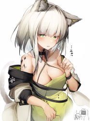 Rule 34 | 1other, 2girls, absurdres, amiya (arknights), animal ear fluff, animal ears, arknights, armband, bare shoulders, blunt bangs, blush, breasts, cat tail, choker, cleavage, coat, collarbone, commentary, doctor (arknights), dress, green dress, green eyes, grey coat, grey hair, highres, kal&#039;tsit (arknights), long sleeves, looking at viewer, material growth, medium hair, multiple girls, nyan, off shoulder, oripathy lesion (arknights), rabbit ears, revision, sidelocks, smile, solo focus, sound effects, tab head, tail, translated, upper body, white background