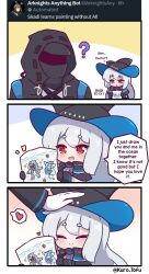 Rule 34 | 1girl, 1other, ambiguous gender, arknights, blush, chibi, closed eyes, doctor (arknights), drawing, english text, hat, headpat, heart, highres, kurotofu, long hair, red eyes, skadi (arknights), speech bubble, split mouth, twitter, white hair