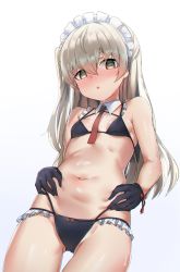 Rule 34 | 1girl, :o, absurdres, bikini, black bikini, black gloves, blush, bow, bow bikini, breasts, brown eyes, collar, commentary, cowboy shot, detached collar, frilled bikini, frills, girls&#039; frontline, gloves, gradient background, grey background, hands on own hips, highres, kure (kure ng), looking at viewer, maid, maid bikini, maid headdress, multi-strapped bikini, navel, necktie, one side up, parted lips, ppk (girls&#039; frontline), red necktie, silver hair, skindentation, small breasts, solo, standing, sweat, swimsuit, unconventional maid, white collar, wing collar