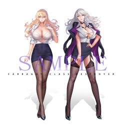 Rule 34 | 2girls, artoria pendragon (fate), artoria pendragon (lancer) (fate), artoria pendragon (lancer alter) (fate), azur lane, bismarck (azur lane), black footwear, blonde hair, blue eyes, blush, breasts, brown legwear, cleavage, collared shirt, covered navel, crossed legs, dress, fate/grand order, fate (series), garter straps, hair between eyes, hand on own hip, hand up, high heels, horns, jacket, jacket on shoulders, large breasts, long hair, looking at viewer, multiple girls, o-ring, office lady, open clothes, open shirt, pantyhose, pencil skirt, purple footwear, shirt, sidelocks, simple background, skirt, sleeves rolled up, smile, teacher, thighhighs, tsuki no i-min, watson cross, white background, white shirt, yellow eyes