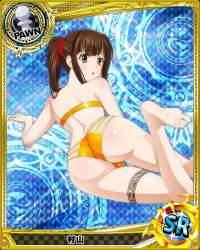 Rule 34 | 10s, 1girl, :o, argyle, argyle background, argyle clothes, arm support, ass, back, bare arms, bare back, bare legs, bare shoulders, barefoot, bikini, black bikini, blue background, blush, brown eyes, brown hair, card (medium), character name, chess piece, feet, female focus, halftone, halftone background, high school dxd, legs, long hair, looking at viewer, looking back, lying, magic circle, multi-strapped bikini bottom, murayama (high school dxd), neck, official art, on side, orange bikini, pawn (chess), shiny skin, sidelocks, soles, solo, strapless, strapless bikini, swimsuit, tattoo, toes, trading card, twintails, yellow bikini