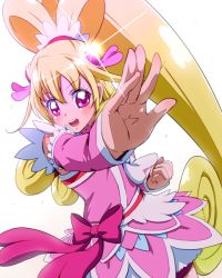 Rule 34 | 1girl, aida mana, arm warmers, big hair, bike shorts, bike shorts under skirt, blonde hair, bow, clenched hand, cure heart, curly hair, dokidoki! precure, eyelashes, half updo, henshin, kamen rider, kamen rider blade (series), long hair, magical girl, outstretched hand, parody, pink bow, pink eyes, ponytail, precure, ribbon, shorts, shorts under skirt, skirt, smile, solo, tj-type1, white background