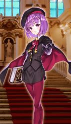 Rule 34 | 1girl, alternate costume, belt, beret, black gloves, book, breasts, fate/grand order, fate (series), flat chest, gloves, hat, helena blavatsky (fate), highres, looking at viewer, matsuryuu, pantyhose, purple eyes, purple hair, red pantyhose, short hair, small breasts, smile, solo