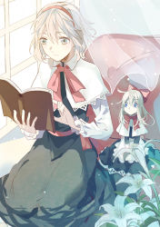 Rule 34 | 1girl, alice margatroid, apron, bad id, bad pixiv id, blonde hair, blue dress, blue eyes, book, capelet, curtains, doll, dress, flower, hair ribbon, hairband, light particles, lily (flower), long hair, long sleeves, open book, reading, red medicine, ribbon, sash, see-through, shanghai doll, short hair, sitting, smile, solo, touhou, waist apron, window