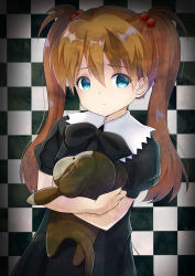 Rule 34 | 1girl, absurdres, aged down, black bow, black dress, blue eyes, bow, brown hair, checkered background, child, closed mouth, dress, fingernails, hair between eyes, hair bobbles, hair ornament, highres, inahori, long hair, looking at viewer, neon genesis evangelion, hugging object, puffy short sleeves, puffy sleeves, short sleeves, sidelocks, solo, souryuu asuka langley, stuffed monkey, twintails