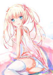 Rule 34 | 1girl, arm support, bare arms, bare shoulders, blonde hair, blue eyes, blue panties, blush, commentary request, dress, flower, frilled dress, frilled thighhighs, frills, hair between eyes, hair flower, hair ornament, long hair, looking at viewer, looking to the side, open mouth, original, panties, pink dress, red flower, shihou haru, sleeveless, sleeveless dress, solo, thighhighs, twintails, underwear, very long hair, white thighhighs