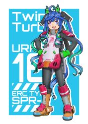 Rule 34 | 1girl, absurdres, adapted costume, ahoge, animal ears, aqua hair, armor, black bodysuit, blue background, blue eyes, blue hair, bodysuit, boots, character name, commentary, crossed bangs, full body, gloves, green gloves, hands on own hips, headgear, heterochromia, highres, horse ears, horse girl, horse tail, long hair, looking at viewer, mugi no hito, multicolored hair, open mouth, orange footwear, purple eyes, sharp teeth, sidelocks, smile, solo, standing, tail, teeth, text background, twin turbo (umamusume), twintails, two-tone hair, umamusume, very long hair