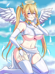 Rule 34 | 1girl, angel, angel wings, bare shoulders, blonde hair, blue eyes, blush, bracelet, breasts, bridal gauntlets, cloud, covered erect nipples, crop top, day, elbow gloves, feathers, female focus, fingerless gloves, gloves, hair ornament, halo, hand on own cheek, hand on own face, jewelry, kneeling, large breasts, loincloth, long hair, long twintails, looking at viewer, lots of jewelry, navel, nishida megane, original, sky, smile, solo, tank top, thighhighs, twintails, underboob, very long hair, white gloves, white thighhighs, white wings, wings