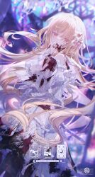 1girl absurdres bare_shoulders blonde_hair blood blood_on_clothes blood_on_face blood_on_hands blurry blurry_background blush dress flower frilled_dress frills hair_flower hair_ornament highres holding long_hair looking_at_viewer orange_eyes original see-through_clothes see-through_sleeves solo umehara_sei white_dress