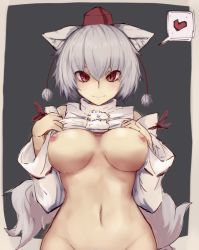 Rule 34 | 1girl, animal ears, bottomless, breasts, breasts apart, closed mouth, clothes lift, commentary request, cowboy shot, detached sleeves, grey background, hands up, hat, heart, inubashiri momiji, large breasts, lifting own clothes, looking at viewer, navel, nipples, out-of-frame censoring, pom pom (clothes), red eyes, red hat, ribbon-trimmed sleeves, ribbon trim, shirt, shirt lift, short hair, silver hair, sketch, slit pupils, smile, solo, spoken heart, tail, tokin hat, touhou, white shirt, wolf ears, wolf tail, yonaga san