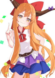 Rule 34 | 1girl, absurdres, blue ribbon, blue skirt, blush, bow, closed mouth, cowboy shot, hair between eyes, hair bow, highres, horn ornament, horn ribbon, horns, ibuki suika, index finger raised, long hair, oeyama, oni horns, orange eyes, orange hair, red bow, ribbon, shirt, simple background, skirt, smile, solo, thighs, torn clothes, torn sleeves, touhou, white background, white shirt