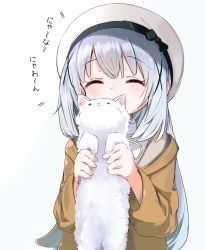 Rule 34 | 1girl, ^ ^, animal, beret, blush, brown jacket, cat, closed eyes, commentary request, covered mouth, facing viewer, gochuumon wa usagi desu ka?, gradient background, grey background, hair ornament, hat, highres, holding, holding animal, hood, hood down, hooded jacket, houjichaoic, jacket, kafuu chino, long hair, long sleeves, shirt, silver hair, solo, translation request, upper body, very long hair, white background, white cat, white hat, white shirt, x hair ornament