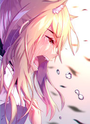 Rule 34 | 1girl, absurdres, animal ear fluff, animal ears, arknights, armor, blonde hair, breastplate, commentary request, crying, crying with eyes open, dongkas, from side, gradient background, grey background, highres, horse girl, long hair, nearl (arknights), open mouth, profile, sidelocks, solo, tears, upper body, white background, yellow eyes