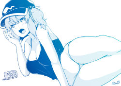 Rule 34 | 1girl, alarm clock, blue theme, blush, breasts, cleavage, clock, commentary request, digital clock, feet out of frame, flat cap, hair bobbles, hair ornament, hat, highres, kagiyama shachou, kawashiro nitori, large breasts, looking at viewer, lying, medium hair, monochrome, on side, open mouth, panties, sidelocks, simple background, solo, tank top, touhou, two side up, underwear, yawning