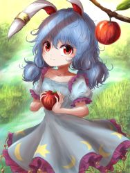 Rule 34 | 1girl, animal ears, apple, arms up, bad id, bad pixiv id, blue dress, blue hair, branch, collarbone, commentary, cowboy shot, crescent print, day, dress, earclip, food, frilled skirt, frills, fruit, grass, hair between eyes, highres, holding, holding food, holding fruit, kayon (touzoku), looking at viewer, low twintails, outdoors, puffy short sleeves, puffy sleeves, rabbit ears, red eyes, seiran (touhou), short hair, short sleeves, skirt, smile, solo, standing, star (symbol), star print, stream, symbol-only commentary, touhou, twintails