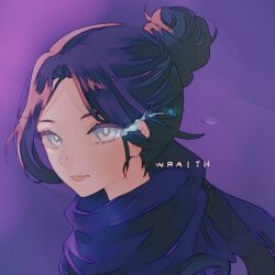 Rule 34 | 1girl, animification, apex legends, black hair, black scarf, blue eyes, character name, chimo (rucchi16ren), expressionless, hair behind ear, hair bun, highres, looking at viewer, nose piercing, piercing, pink lips, purple background, scarf, single hair bun, solo, wraith (apex legends)
