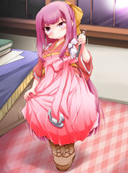 Rule 34 | 1girl, anbee (arary), blush, book, boots, bow, brown footwear, cross-laced footwear, embarrassed, female focus, full body, hair bow, hakama, hakama short skirt, hakama skirt, hand up, have to pee, head tilt, high heels, highres, holding, indoors, japanese clothes, kamikaze (kancolle), kantai collection, kimono, long hair, looking up, open mouth, peeing, peeing self, pigeon-toed, purple eyes, purple hair, red kimono, skirt, smile, solo, standing, stylus, sweat, tears, textless version, trembling, uneven eyes, very long hair, window, yellow bow