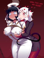 Rule 34 | 2girls, absurdres, angel, azazel (helltaker), bagelbomb, bdsm, black hair, blue eyes, blush, bondage, bound, breast grab, breasts, demon girl, demon horns, demon tail, english text, formal, full-face blush, grabbing, halo, heart, heart-shaped pupils, helltaker, highres, horns, large breasts, looking at another, looking down, modeus (helltaker), multiple girls, pants, pantyhose, red eyes, red legwear, restrained, shibari, shibari over clothes, shirt, short hair, skirt suit, smile, suit, sweat, sweating profusely, symbol-shaped pupils, tail, tied up, trembling, turtleneck, wavy mouth, white hair, white pants, white shirt, wing collar, yuri