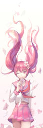 Rule 34 | 1girl, absurdres, ahoge, aoiakamaou, closed mouth, female focus, flower, gradient background, hair flower, hair ornament, heart, heart background, highres, letter, long hair, long sleeves, looking at viewer, love letter, midriff, one eye closed, original, pink eyes, pink hair, pink skirt, school uniform, serafuku, simple background, skirt, smile, solo, twintails, white background, wink