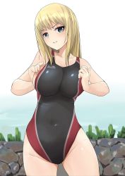 Rule 34 | 1girl, black one-piece swimsuit, blonde hair, blue eyes, breasts, breasts squeezed together, competition swimsuit, covered navel, cowboy shot, earl grey (girls und panzer), girls und panzer, grin, head tilt, highres, kakimoto nao, large breasts, long hair, looking at viewer, one-piece swimsuit, smile, solo, standing, swimsuit