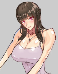 Rule 34 | 1girl, bare shoulders, blush, breasts, cleavage, grey background, highres, large breasts, long hair, looking at viewer, purple eyes, simple background, sketch, sleeveless, smile, solo, tank top, wolffeld price