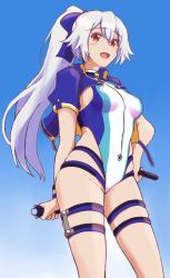 Rule 34 | 1girl, :d, alternate breast size, blue background, blue bow, blue jacket, blue one-piece swimsuit, blush, bow, breasts, commentary request, competition swimsuit, controller, cropped jacket, fate/grand order, fate (series), game controller, hair between eyes, hair bow, highleg, highleg swimsuit, holding, holding controller, holding game controller, jacket, long hair, multicolored clothes, multicolored swimsuit, nasakene, one-piece swimsuit, open mouth, ponytail, red eyes, short sleeves, silver hair, small breasts, smile, solo, swimsuit, thigh strap, tomoe gozen (fate), tomoe gozen (swimsuit saber) (fate), tomoe gozen (swimsuit saber) (first ascension) (fate), very long hair, white one-piece swimsuit