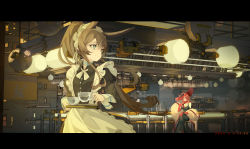 Rule 34 | 3girls, absurdres, alternate costume, amiya (arknights), animal ears, apron, arknights, bar (place), black dress, blue eyes, brown hair, bun cover, cat ears, closed mouth, cowboy shot, cup, dated, dress, ears through headwear, elbow gloves, enmaided, female focus, frilled apron, frills, fur shawl, gloves, heidi (arknights), highres, holding, holding cup, holding tray, indoors, letterboxed, long hair, long sleeves, looking back, maid, maid headdress, mulberry (arknights), mulberry (plant crude drug) (arknights), multiple girls, n6058, neck ribbon, official alternate costume, ponytail, rabbit ears, red gloves, red hair, red headwear, ribbon, shawl, sitting, sleeveless, sleeveless dress, smile, tray, very long hair, white apron, white ribbon