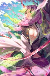 Rule 34 | 1girl, :o, absurdres, black jacket, blue sky, branch, breasts, cherry blossoms, cleavage, cloud, collared jacket, dated, demon slayer uniform, facing to the side, falling petals, gradient hair, green eyes, green hair, green thighhighs, haori, highres, holding, holding sword, holding weapon, jacket, japanese clothes, kanroji mitsuri, kimetsu no yaiba, large breasts, long hair, long sleeves, mole, mole under each eye, mole under eye, multicolored hair, multiple moles, outdoors, partially unbuttoned, petals, pink hair, ribbed legwear, ribbed thighhighs, signature, sky, solo, sword, thighhighs, tree, tri braids, waligner, weapon, wind