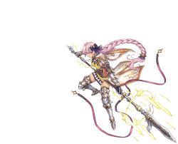 Rule 34 | 1girl, 44ron, armor, armored boots, awakening (sennen sensou aigis), boots, bow, braid, braided ponytail, capelet, floating hair, full body, greaves, hair bow, highres, holding, holding polearm, holding spear, holding weapon, long hair, official art, pink eyes, pink hair, polearm, reshia, sennen sensou aigis, solo, spear, thigh boots, thighhighs, transparent background, very long hair, weapon